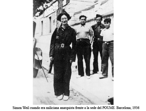 Imagen de 1936 de Simone Weil cuando era miliciana anarquista frente a la sede del POUM en Barcelona